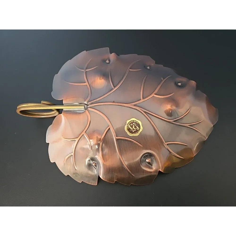 Copper Oak Leaf Bowl Trinket KEYS candy Coppercraft Guild USA Brass Ring Handle‎